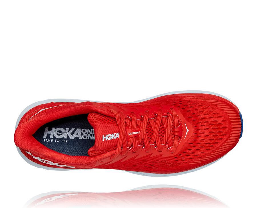 Hoka One One Mens Running Shoes - Clifton 7 - Red/White - IOQX84935